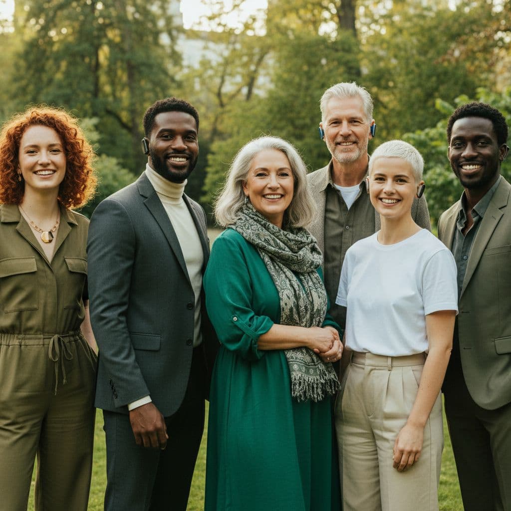 Groupe diversifié de personnes stylées portant des appareils auditifs - DN AUDITION