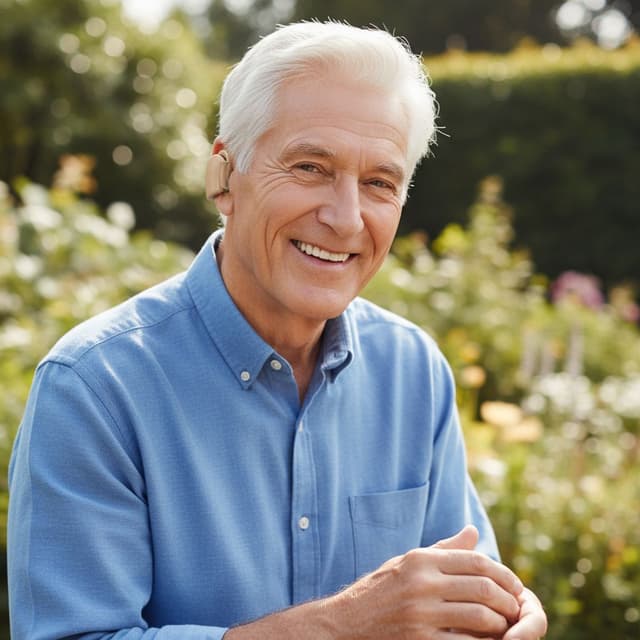 senior heureux avec appareil auditif discret